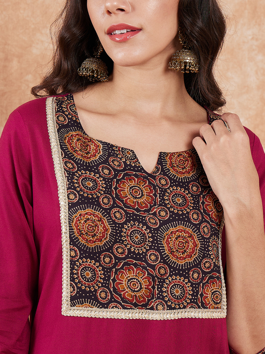 InWeave Women's Wine Printed Neck Patch Work Straight Kurta - Distacart