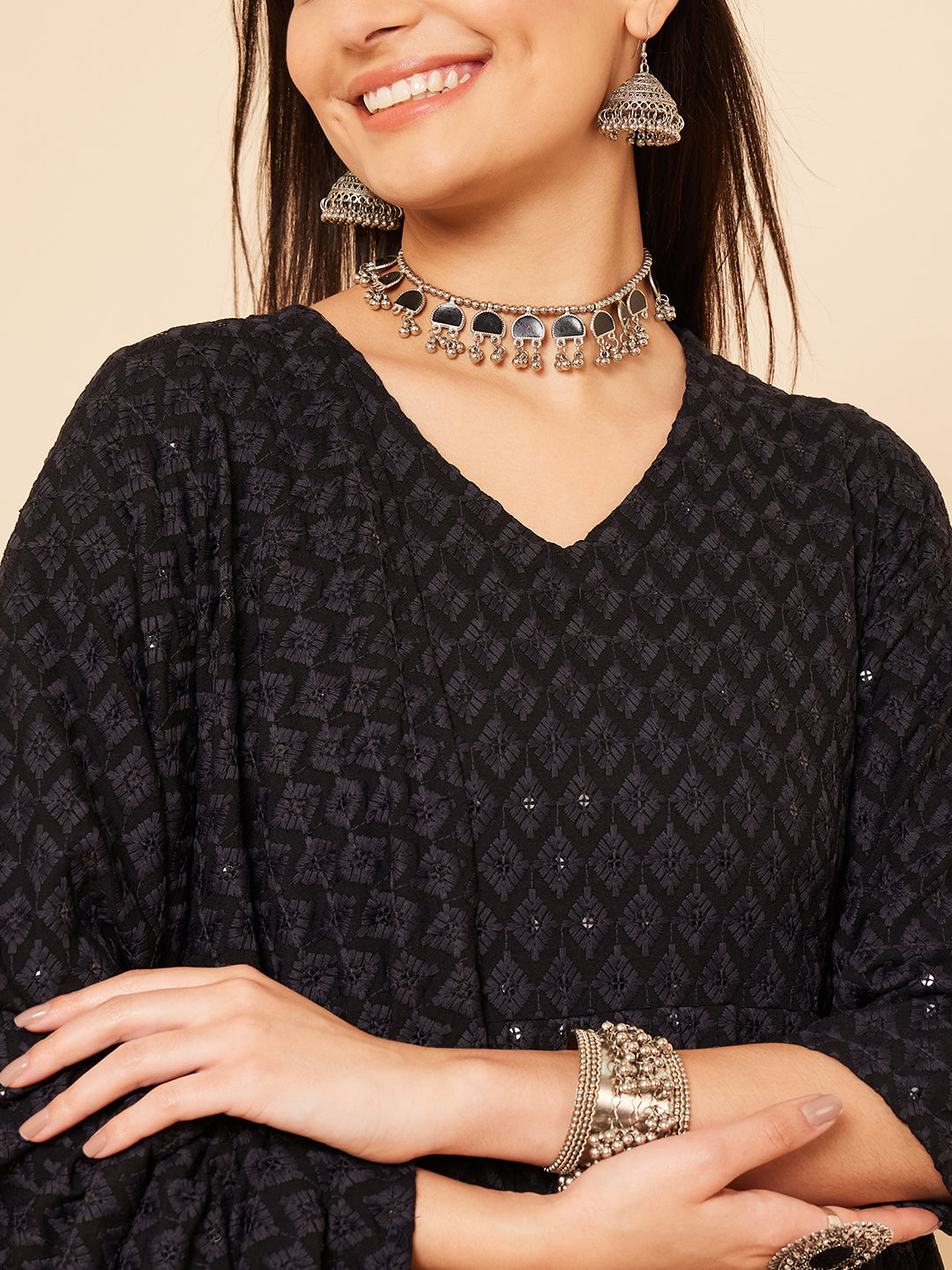 InWeave Women's Black Chikankari Long Anarkali Kurta Sharara Set W Dupatta - Distacart