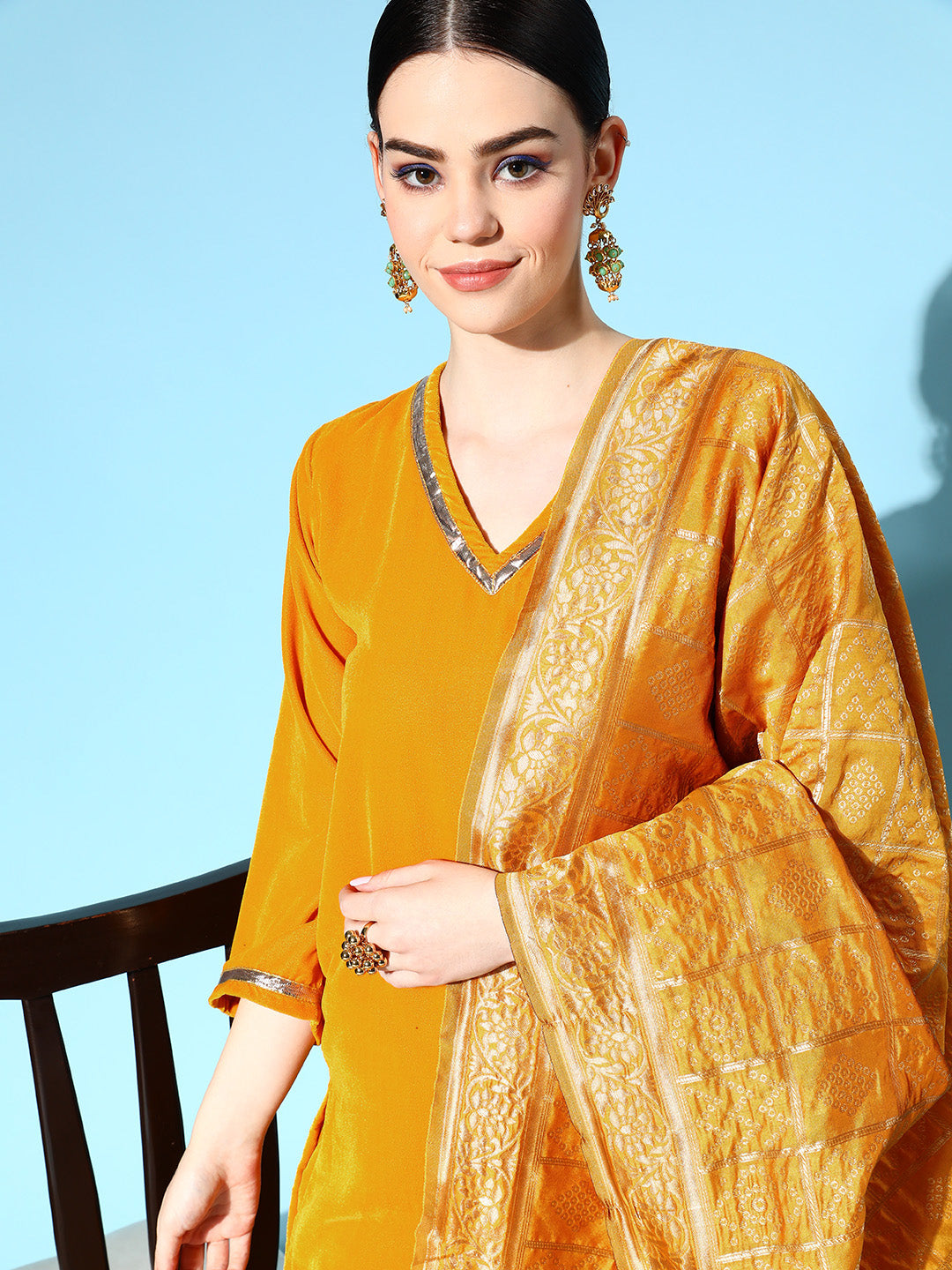 InWeave Women's Mustard Velvet Kurta Set With Mustard Gold Dupatta - Distacart