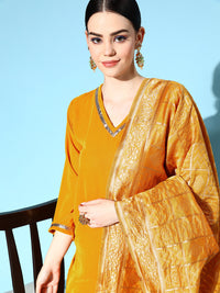 Thumbnail for InWeave Women's Mustard Velvet Kurta Set With Mustard Gold Dupatta - Distacart