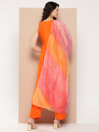 Thumbnail for InWeave Women's Orange Mirror Work Aline Strappy Kurta Set W Pink Yellow Leh Dupatta - Distacart