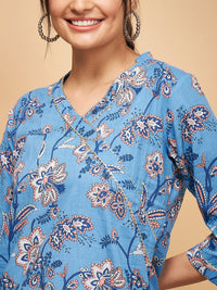 Thumbnail for InWeave Women's Skyblue Pink Floral Angrakha Straight Kurta - Distacart