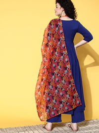 Thumbnail for InWeave Women's Ink Blue Long Anarkali Kurta Set With Red Rose Organza Dupatta - Distacart