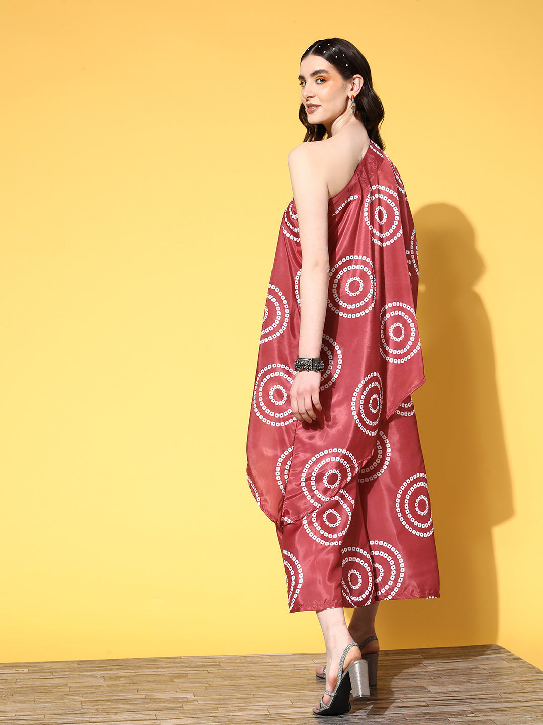 InWeave Women's Maroon Bandhani Motif One Shoulder Palazzo Set - Distacart