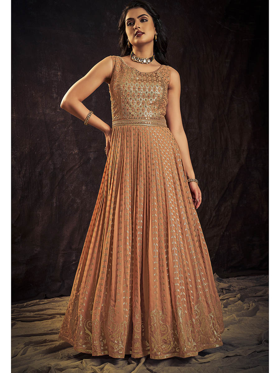 Myra Apricoat Real Georgette Designer Gown Style Suit - Distacart