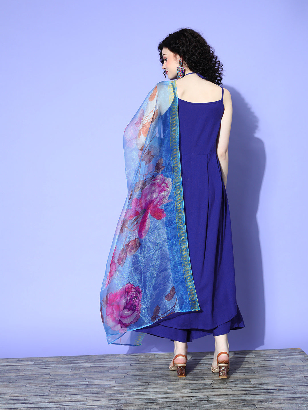 InWeave Women's Strappy Set In Ink Blue With Blue Fuschia Floral Organza Dupatta - Distacart