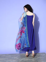 Thumbnail for InWeave Women's Strappy Set In Ink Blue With Blue Fuschia Floral Organza Dupatta - Distacart