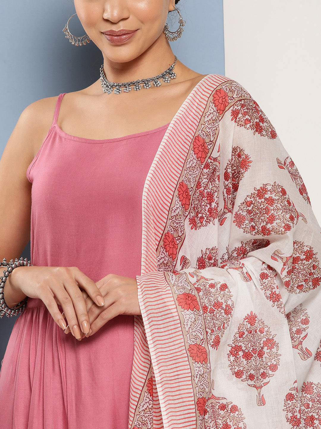 InWeave Women's Light Pink Ray Strappy Set With Red Big Floral Cotton Dupatta - Distacart