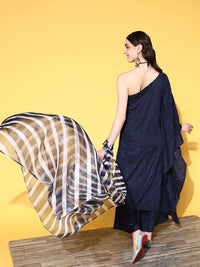 Thumbnail for InWeave Women's Navy Mirror Work One Shoulder Kurta Set With Dupatta - Distacart