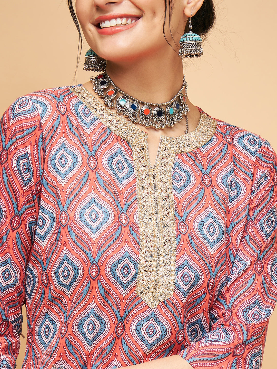 InWeave Women's Red Blue Ogee Print Gota Straight Kurta - Distacart
