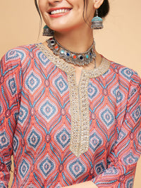Thumbnail for InWeave Women's Red Blue Ogee Print Gota Straight Kurta - Distacart