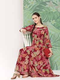 Thumbnail for InWeave Women's Red Tropical Print Gota Long Dress - Distacart