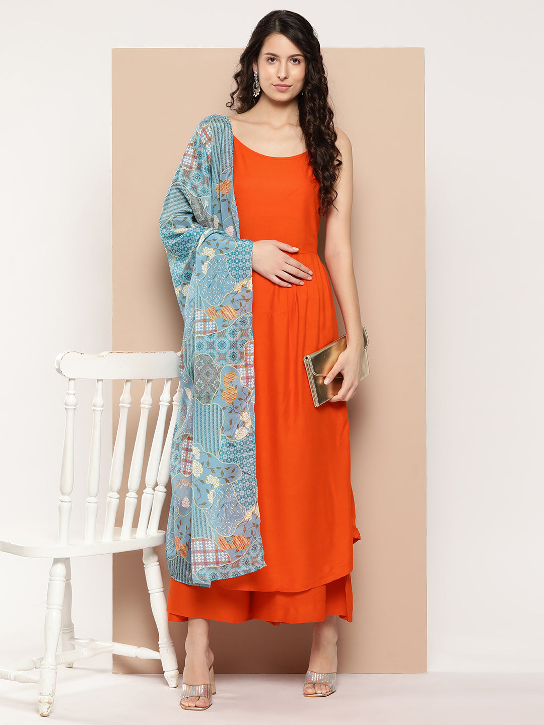 InWeave Women's Orange Strappy Set With Blue Chinnon Print Silk Dupatta - Distacart