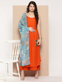 Thumbnail for InWeave Women's Orange Strappy Set With Blue Chinnon Print Silk Dupatta - Distacart