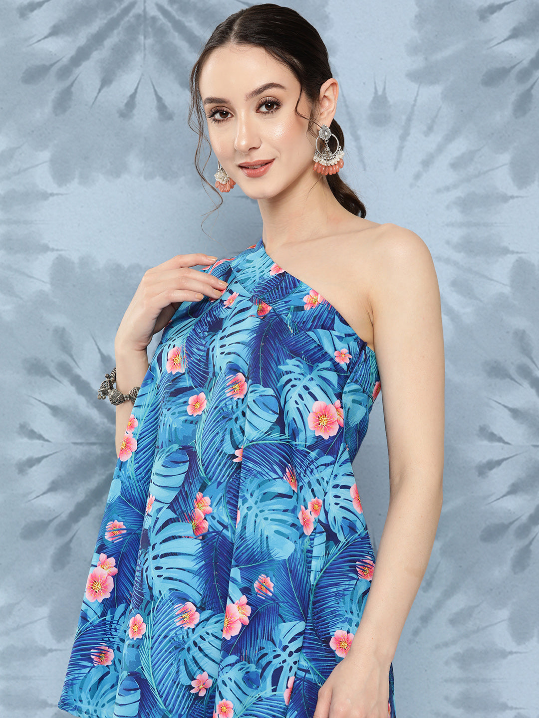 InWeave Women's Blue Pink Japanese Art Oneshoulder Top - Distacart