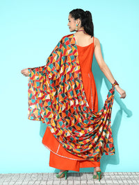 Thumbnail for InWeave Women's Orange Red Gota Strappy Set With Multi Foil Muslin Dupatta - Distacart