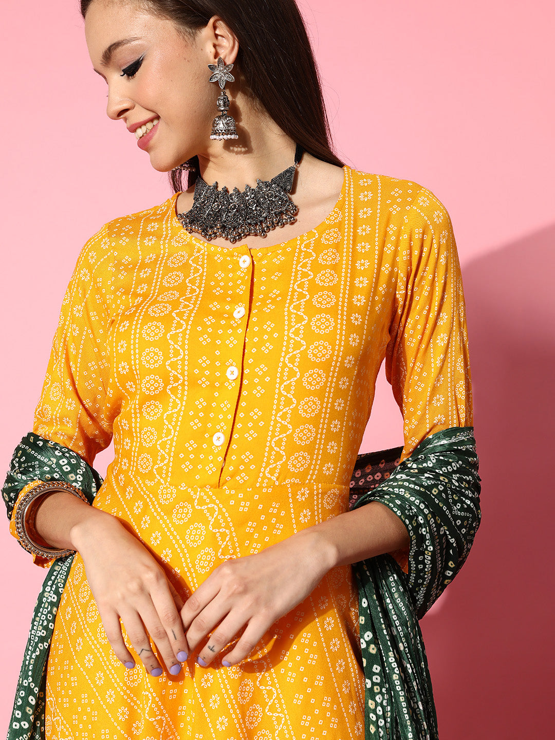 InWeave Women's Yellow Bandhani Long Anarkali Kurta With Green Bandhani Dupatta - Distacart
