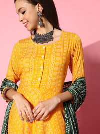 Thumbnail for InWeave Women's Yellow Bandhani Long Anarkali Kurta With Green Bandhani Dupatta - Distacart