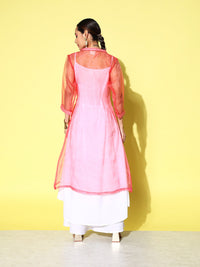 Thumbnail for InWeave Women's Cream Strappy Kurta Set With Pink Organza Cape - Distacart