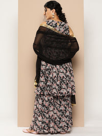Thumbnail for KSUT (House of Varanga) Black Printed Anarkali Kurta Paired With Sharara And Plain Tonal Dupatta - Distacart