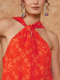 Thumbnail for InWeave Women's Orange S Print Twisted Neckline Kurta Pant Set - Distacart