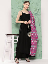 Thumbnail for InWeave Women's Black Strappy Set W Magenta Camelia Cr Dupatta - Distacart