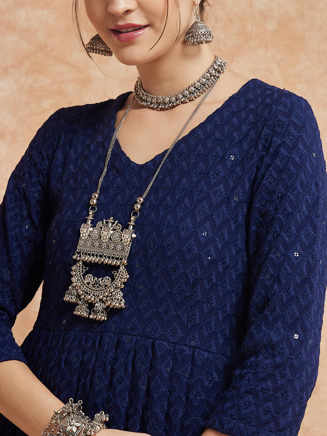 InWeave Women's Royal Blue Chikankari Long Anarkali Kurta Sharara Set - Distacart