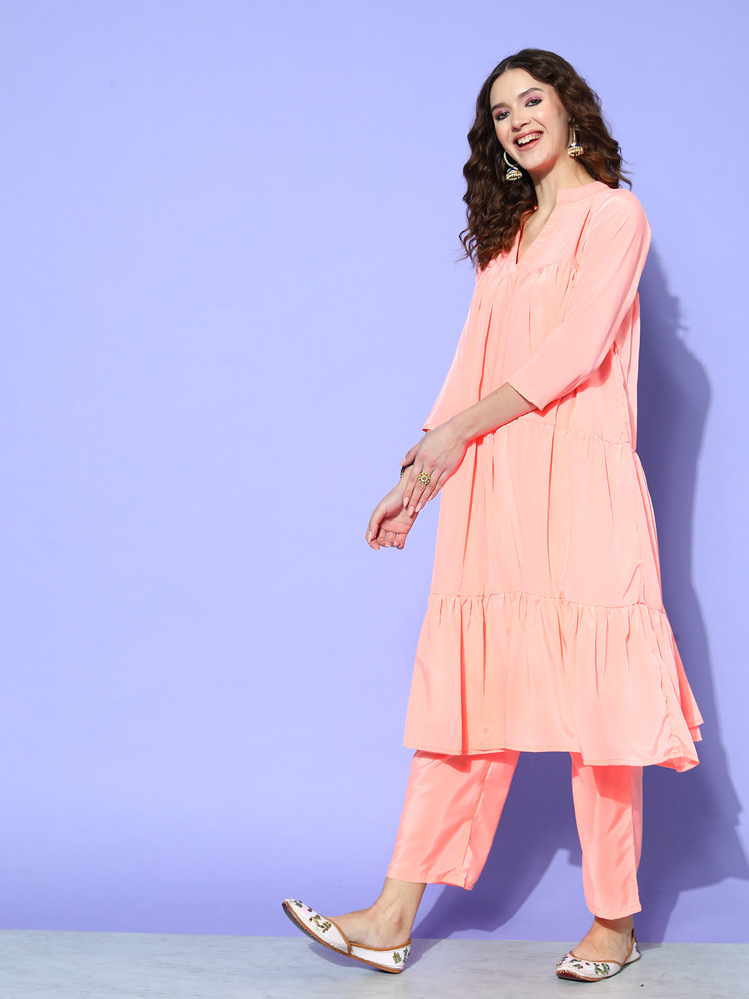 InWeave Women's Peach Flared Kurta Set With Off White Folral Organza Dupatta - Distacart