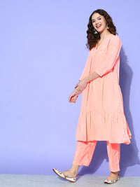 Thumbnail for InWeave Women's Peach Flared Kurta Set With Off White Folral Organza Dupatta - Distacart