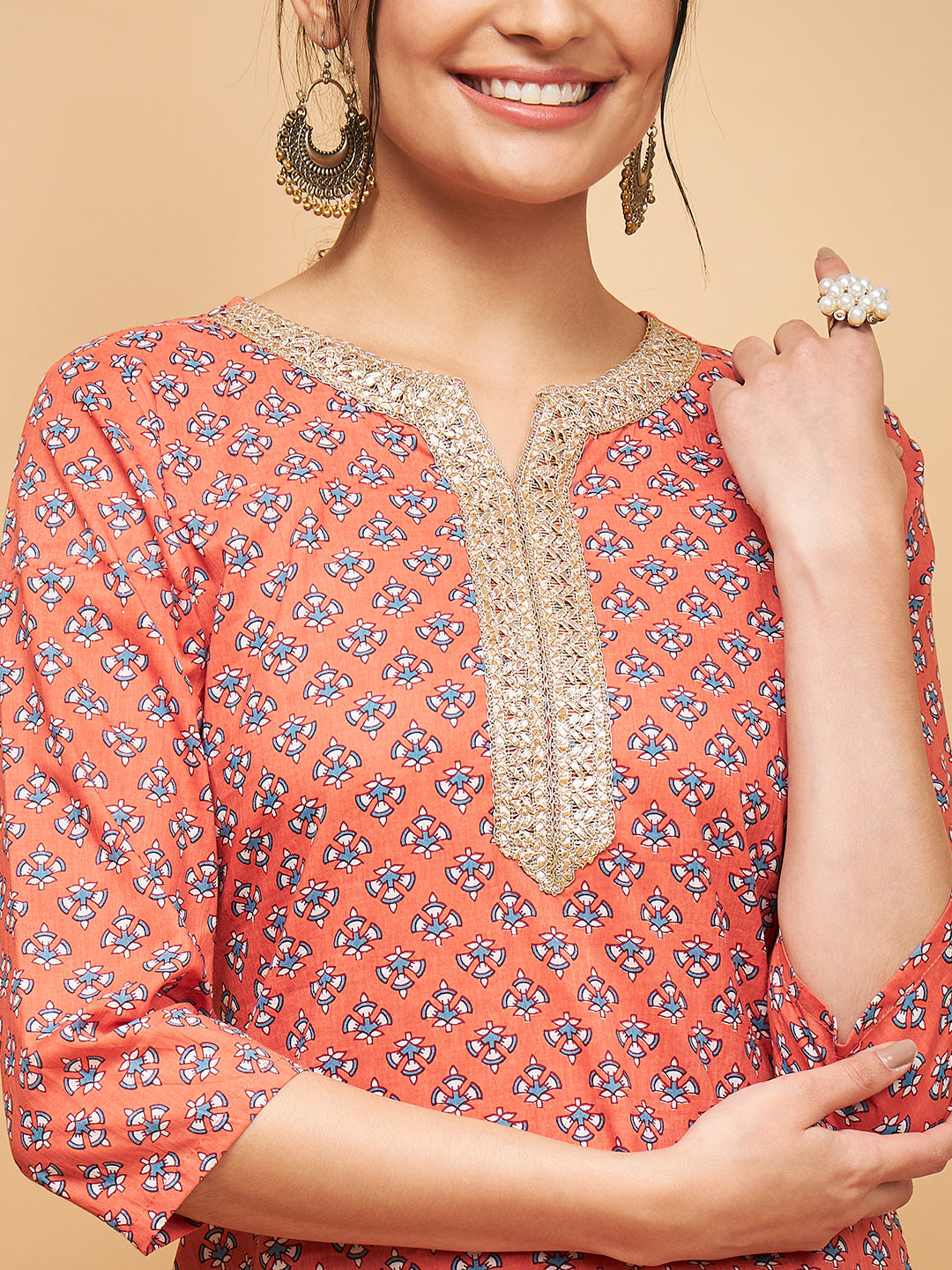 InWeave Women's Coral Blue Boota Print Gota Straight Kurta - Distacart