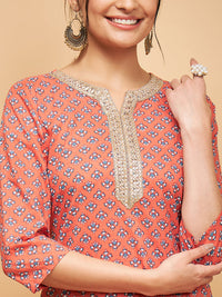 Thumbnail for InWeave Women's Coral Blue Boota Print Gota Straight Kurta - Distacart