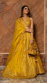 Thumbnail for Pomcha Jaipur Rabia Yellow Cotton Silk Lehenga Set - Distacart