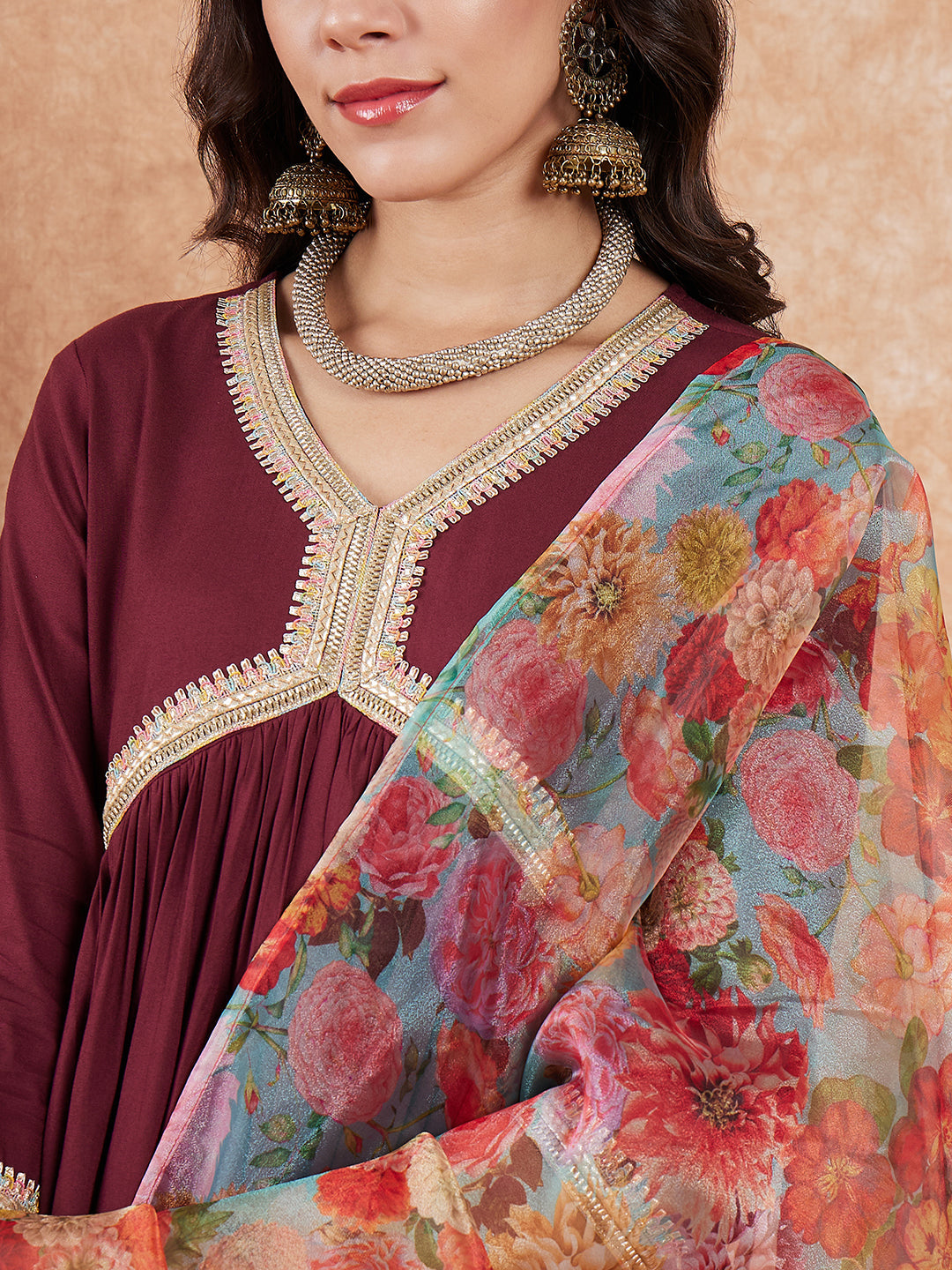 InWeave Women's Dark Burgundy Alia Neck Style Gota Set W Organza Dupatta - Distacart