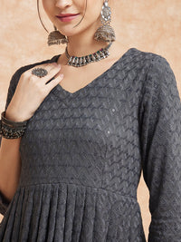 Thumbnail for InWeave Women's Grey Chikankari Long Anarkali Kurta Sharara Set - Distacart
