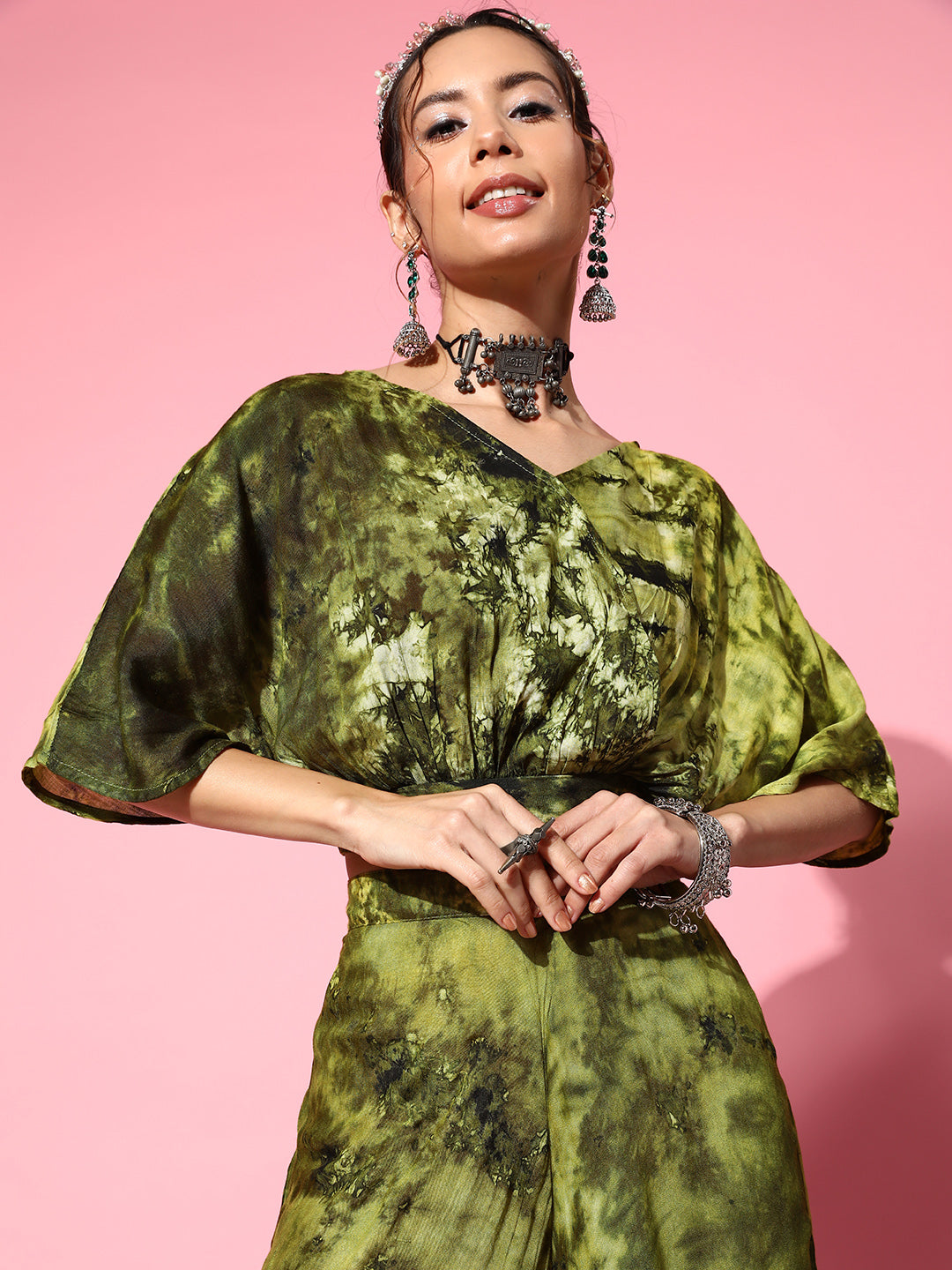 InWeave Women's Olive Tie And Dye New Neckline Top Culottes Set - Distacart