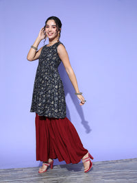 Thumbnail for InWeave Women's Blue Printed Kurta Sharara Set With Burgundy Organza Dupatta - Distacart