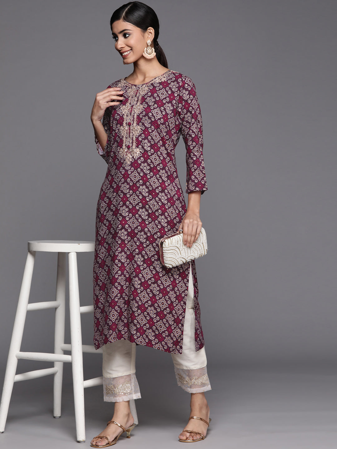 Varanga Violet Bandhani Printed Kurta With Embroidered Yoke - Distacart
