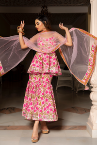 Thumbnail for Pomcha Jaipur Nazakat Pink Cotton Hand Block Sharara Set - Distacart