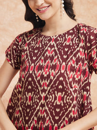 Thumbnail for InWeave Women's Wine Ikkat Print A Line Dress - Distacart