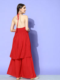 Thumbnail for InWeave Women's Red Lace Work Backless Kurta Sharara Set - Distacart