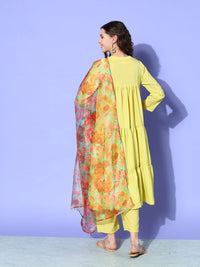 Thumbnail for InWeave Women's Lime Green Flared Kurta Set With Green Organza Dupatta - Distacart