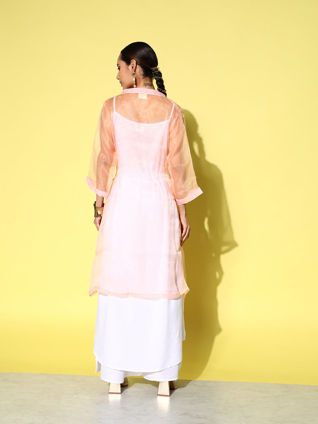 InWeave Women's Cream Strappy Kurta Set With Peach Organza Cape - Distacart