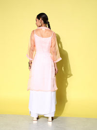Thumbnail for InWeave Women's Cream Strappy Kurta Set With Peach Organza Cape - Distacart