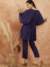 Thumbnail for InWeave Women's Royal Blue Lurex V Neck Gota Kaftan Style Kurta Set - Distacart