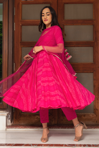 Thumbnail for Pomcha Jaipur Bhandhej Pink Cotton Anarkali Set - Distacart