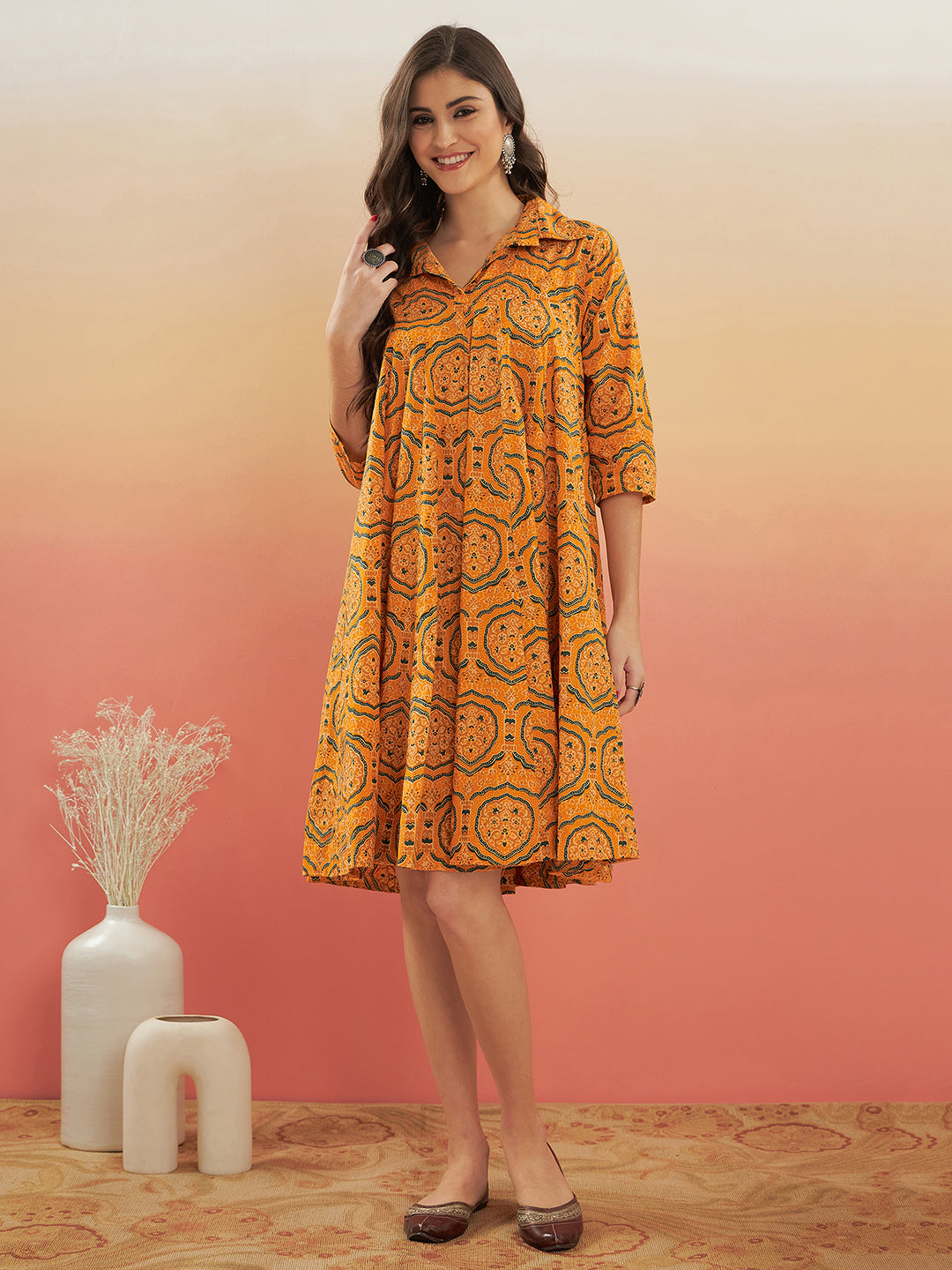 InWeave Women's Haldi Yellow Mughal Kalamkari Flared Dress - Distacart