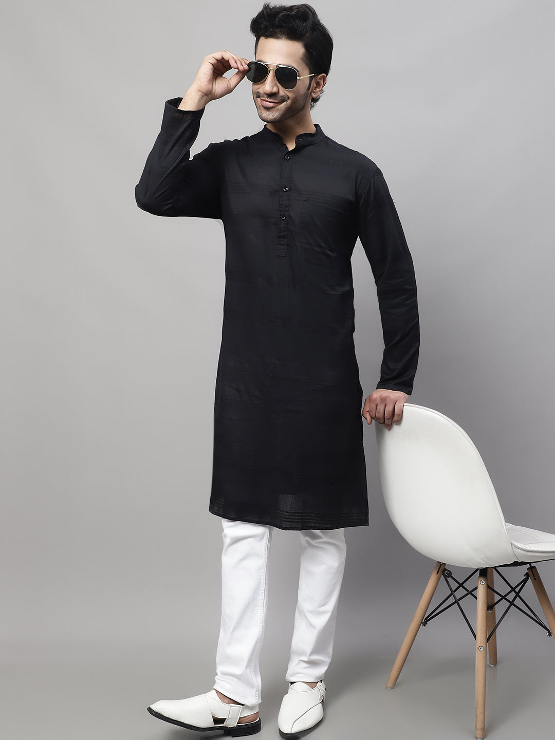 Even Apparels Black Pure Cotton Kurta With Band Collar - Distacart