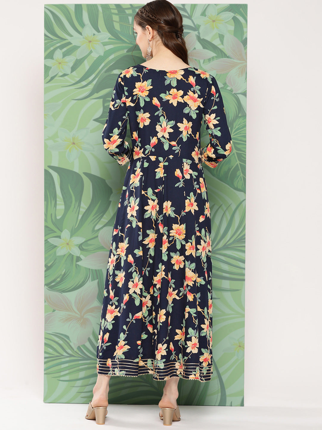 InWeave Women's Black Tropical Print Gota Long Dress - Distacart
