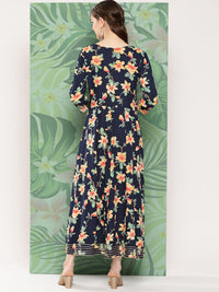 Thumbnail for InWeave Women's Black Tropical Print Gota Long Dress - Distacart