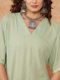 Thumbnail for InWeave Women's Sage Green Kantha Lace Wrok Kimono Sleeve Kurta Set - Distacart